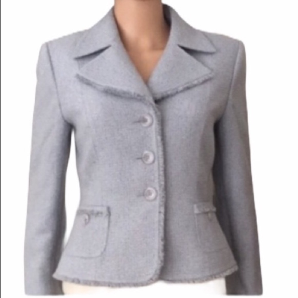 Tahari textured blue blazer with fringe